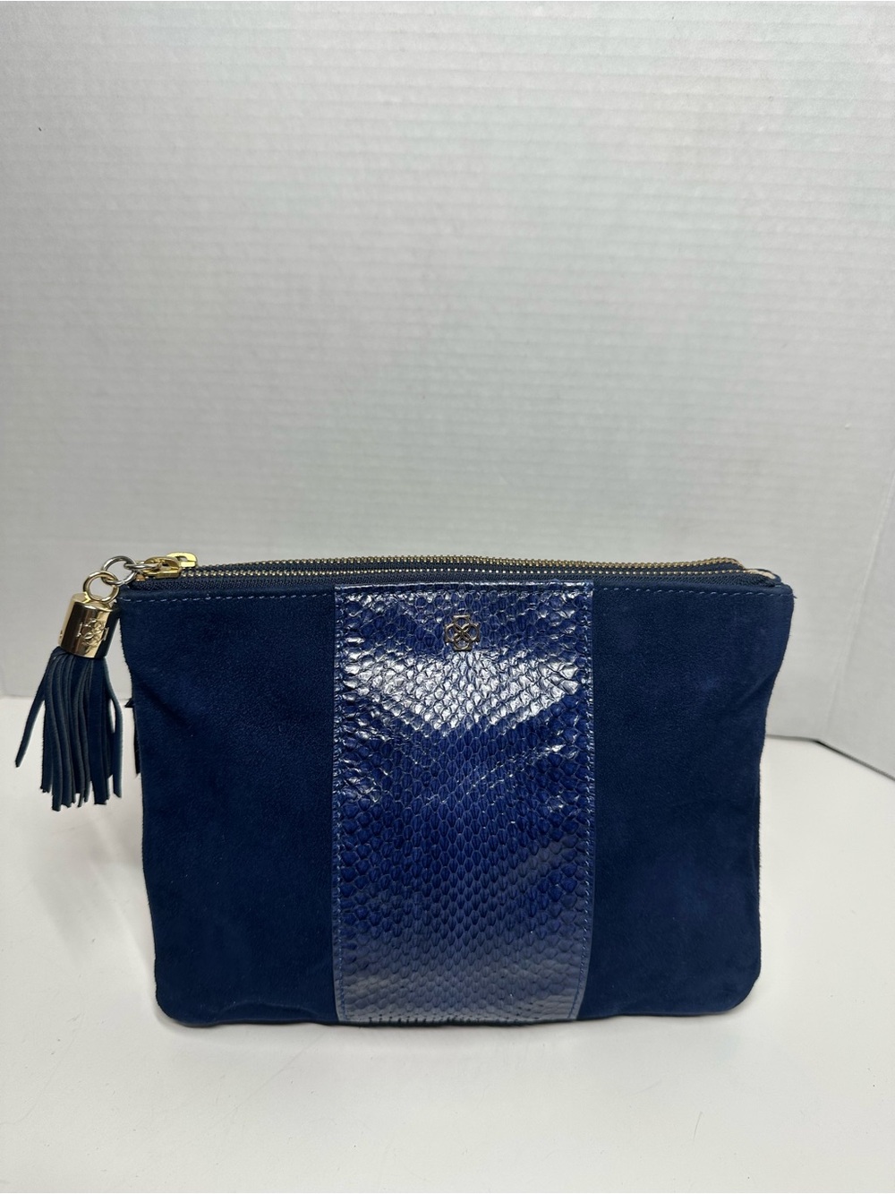 Ann Taylor Navy Suede Cosmetic Pouch with Snake-Embossed Panel